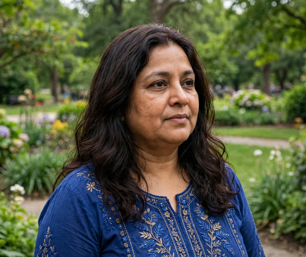 Woman with a round face and long dark brown wavy hair with a middle part in a royal blue top in a park garden