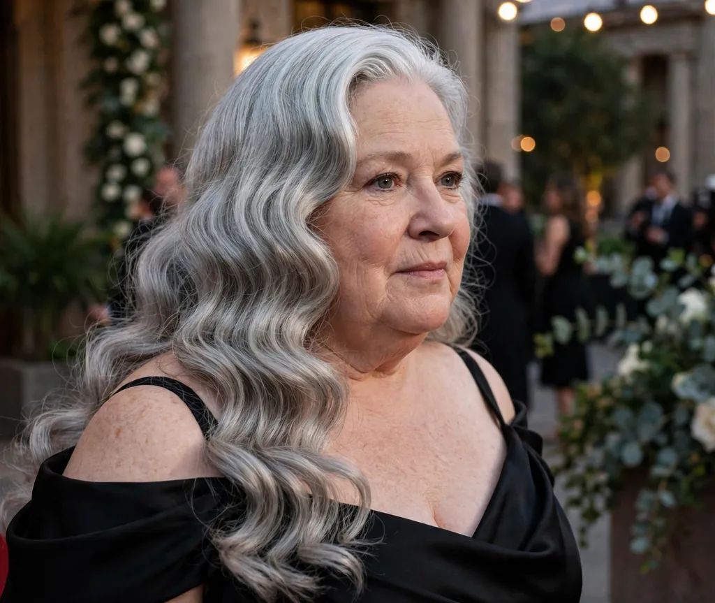 Woman with a round face and long silver Hollywood glam waves in a black evening gown at a gala