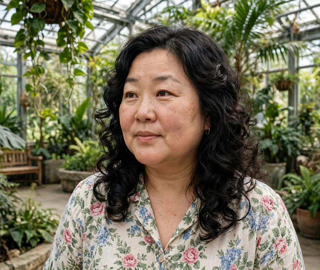 Woman with a round face and long black soft perm curls in a floral blouse in a botanical conservatory