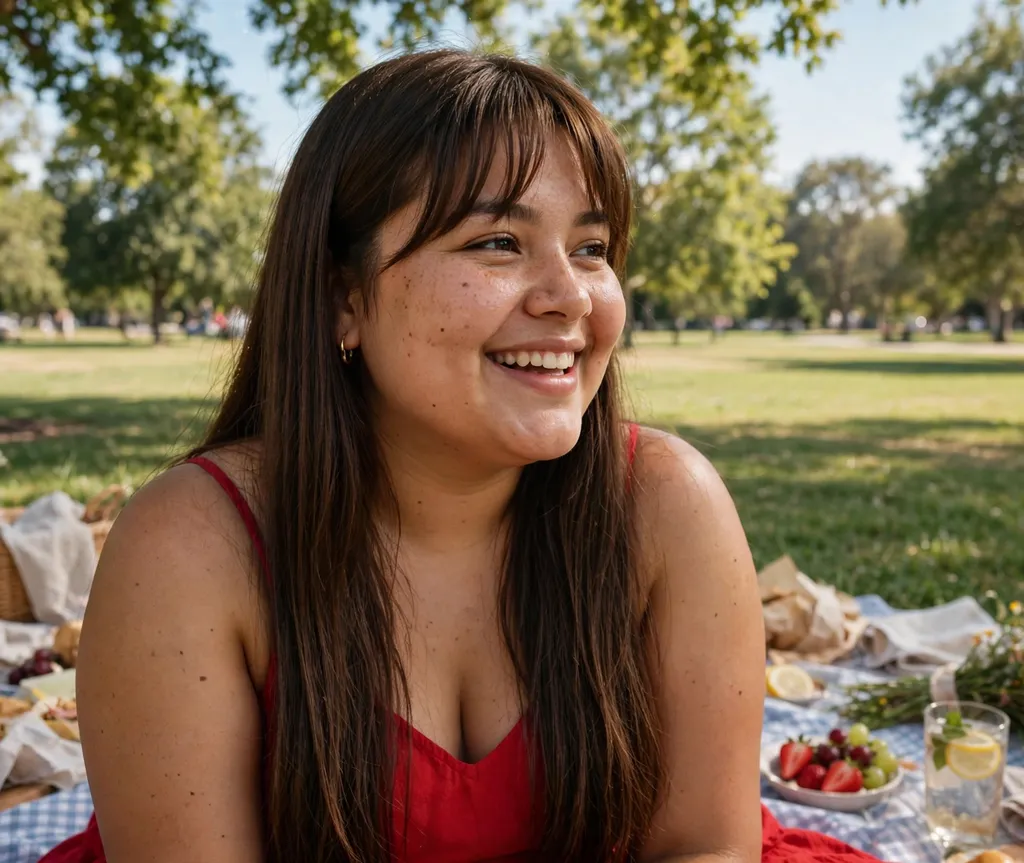 Woman with a round face and long pin-straight brown hair with curtain bangs in a red sundress at a park picnic