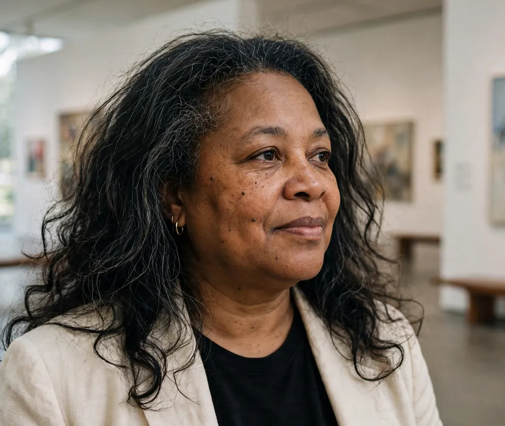 Woman with a round face and long layered natural hair with wispy ends in a cream blazer in an art museum