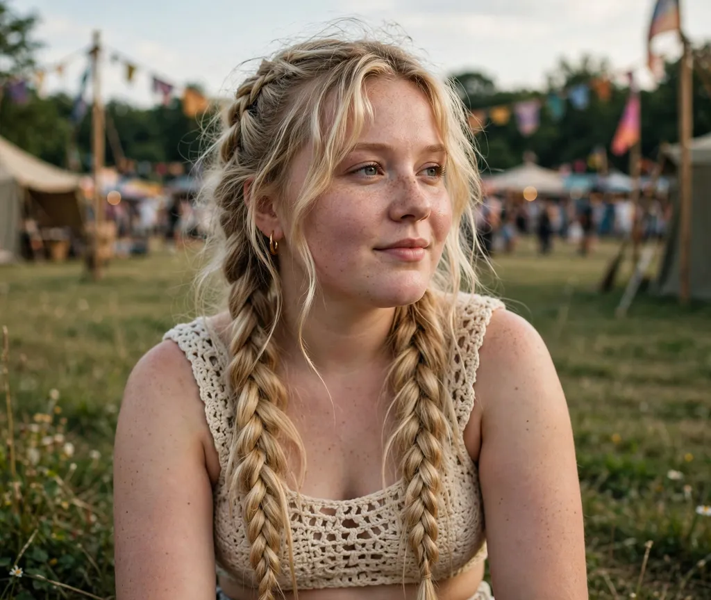 Woman with a round face and very long blonde hair in boho double braids in a crochet top at a music festival