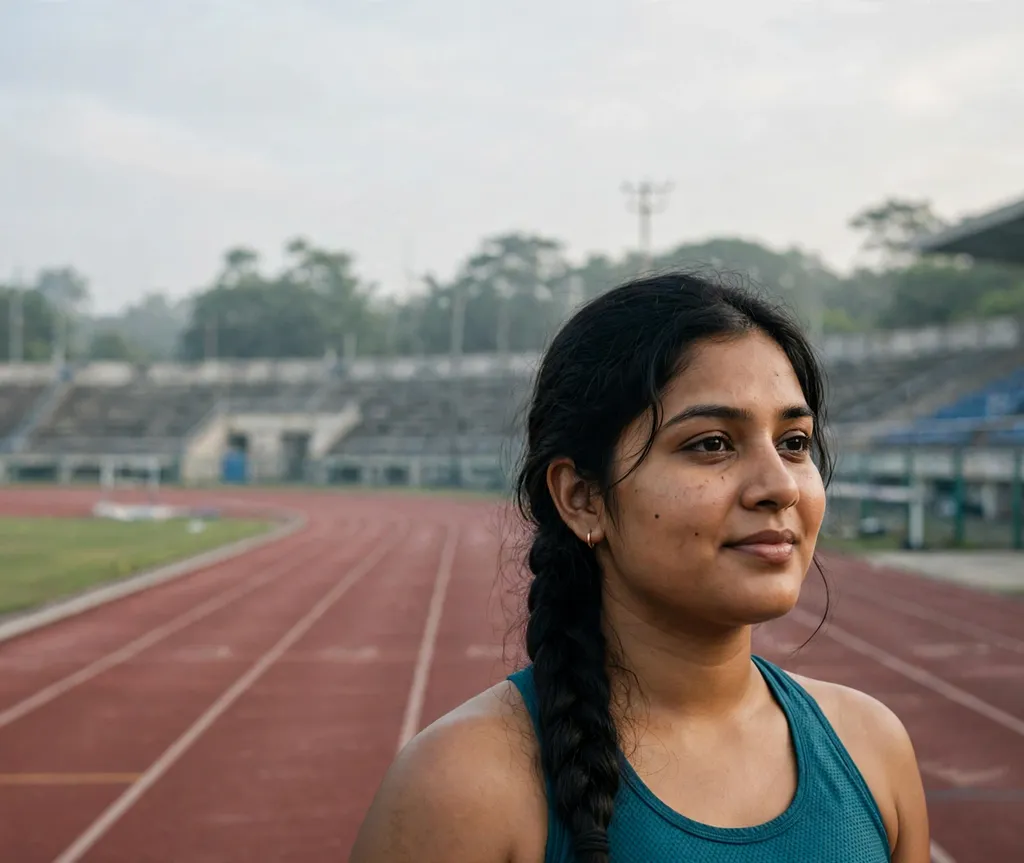 Woman with a round face and long black hair in a rope braid ponytail in a teal athletic top on a running track