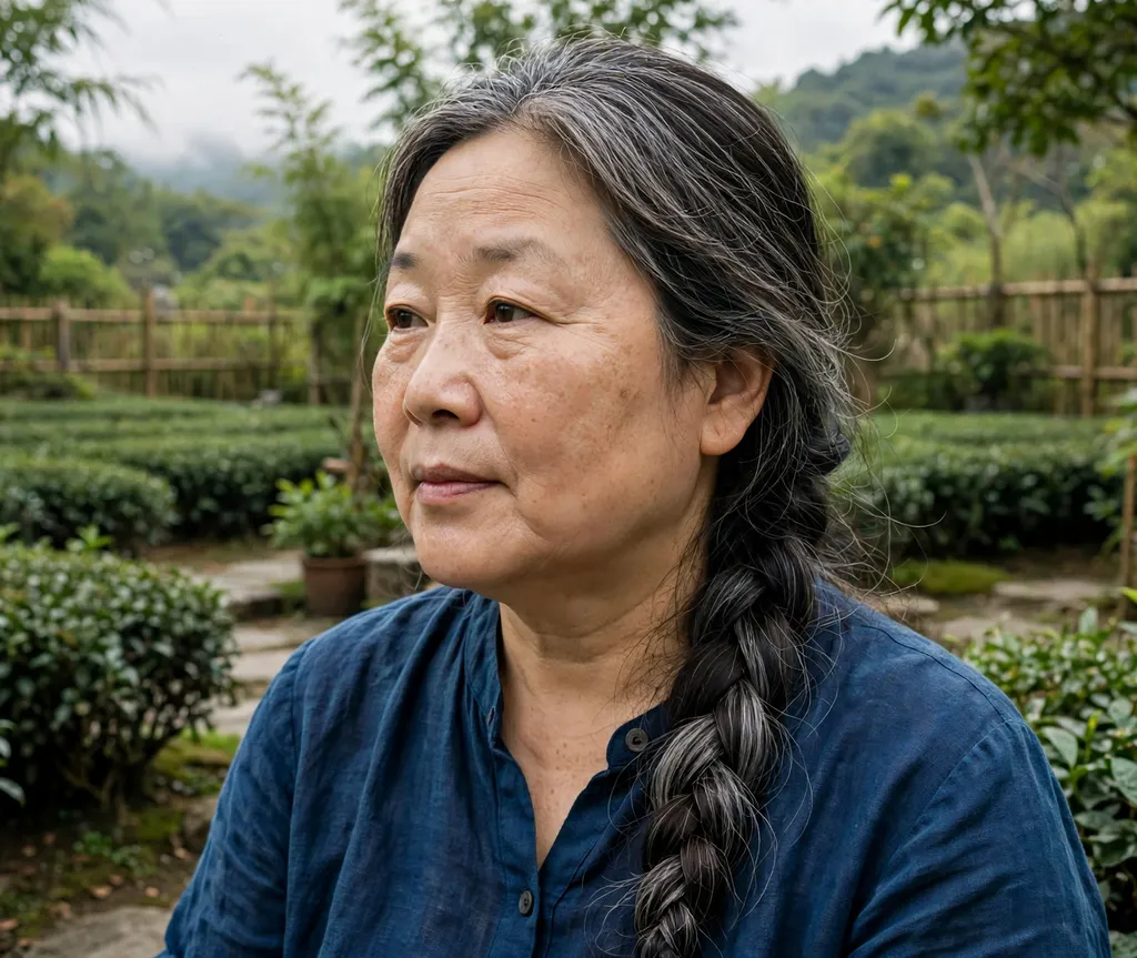 Woman with a round face and long gray-streaked hair in a side braid over one shoulder in an indigo dress in a tea garden