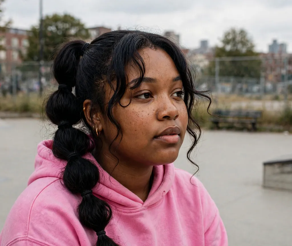 Woman with a round face and long black hair in a bubble ponytail in a pink hoodie at a skate park