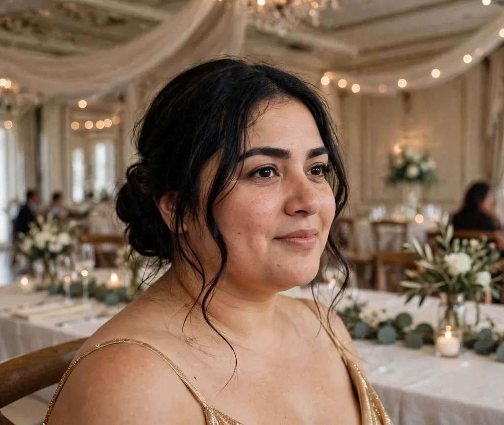 Woman with a round face and long dark hair in a low chignon with face-framing tendrils in a gold dress at a wedding reception