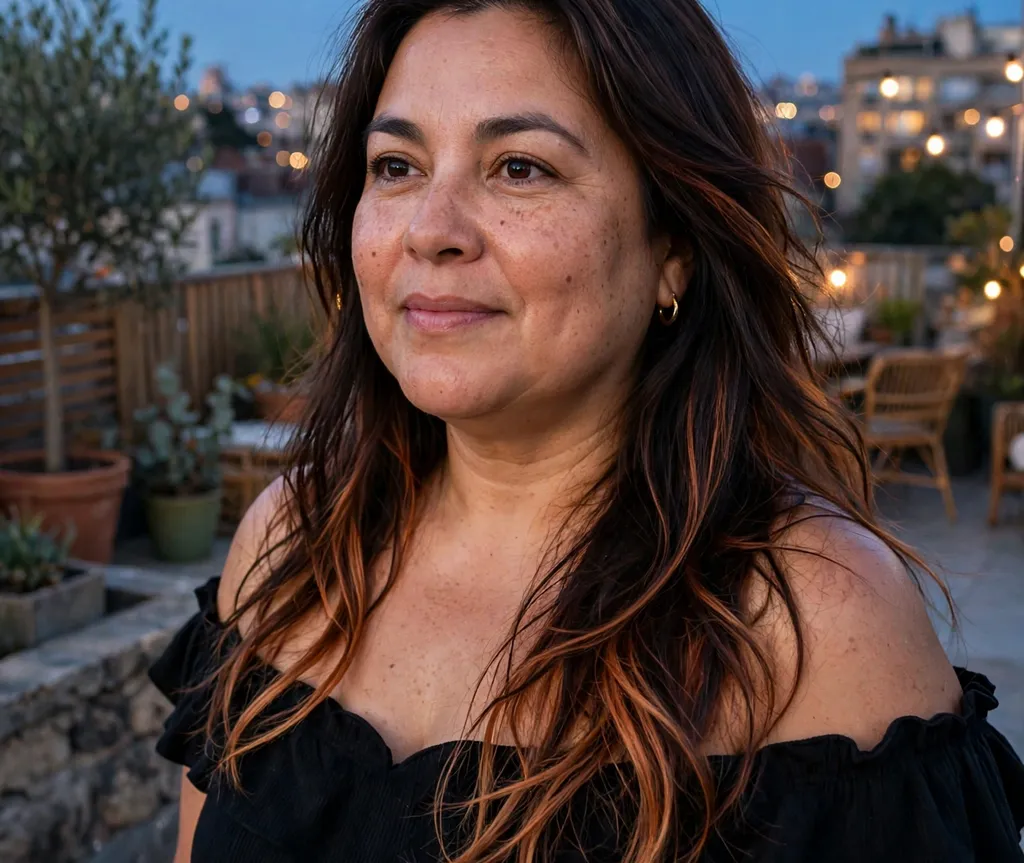 Woman with a round face and long dark brown hair with copper peekaboo highlights in a black off-shoulder dress on a rooftop