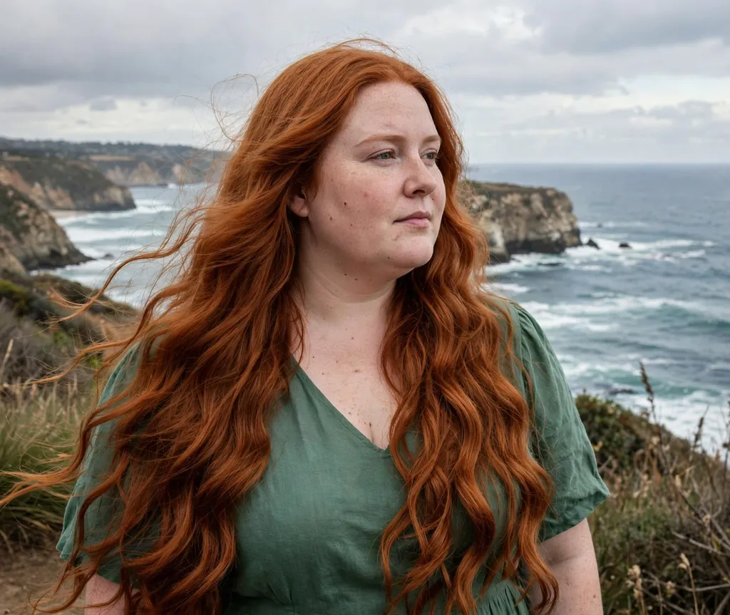 Woman with a round face and very long copper mermaid waves in a sea-green dress on an ocean cliff