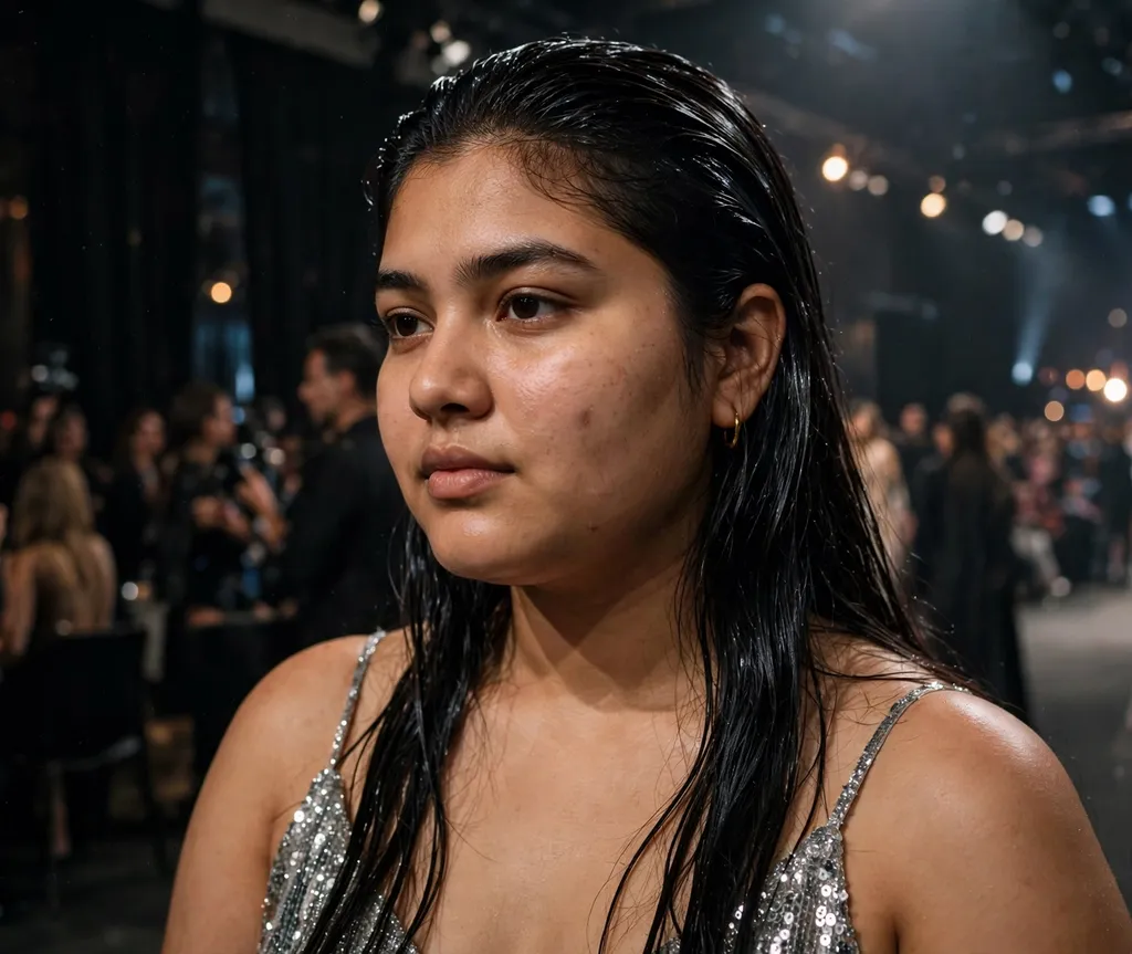 Woman with a round face and long black wet-look sleek hair in a silver sequin top at a fashion event