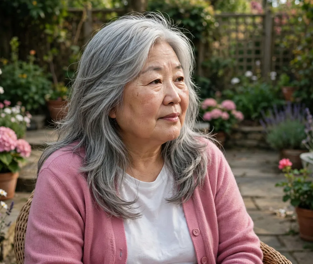 Woman with a round face and long silver feathered layered hair in a rose cardigan on a garden patio