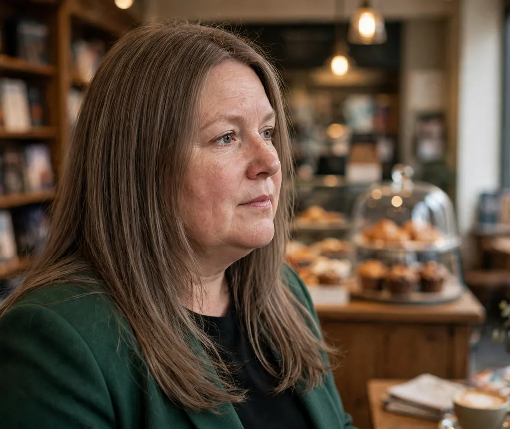 Woman with a round face and long straight ash-brown hair with micro-layers in a forest green blazer in a bookstore cafe