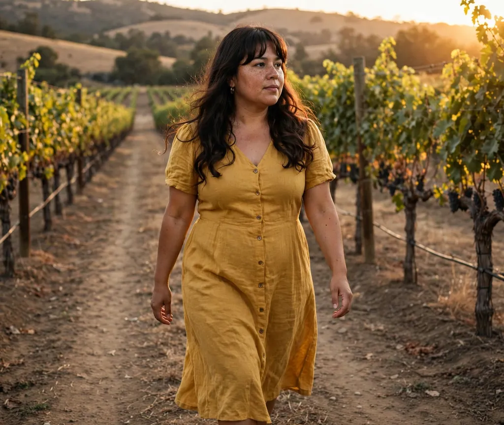 Woman with a round face and long dark brown hair with a curtain fringe and soft curls in a mustard midi dress in a vineyard