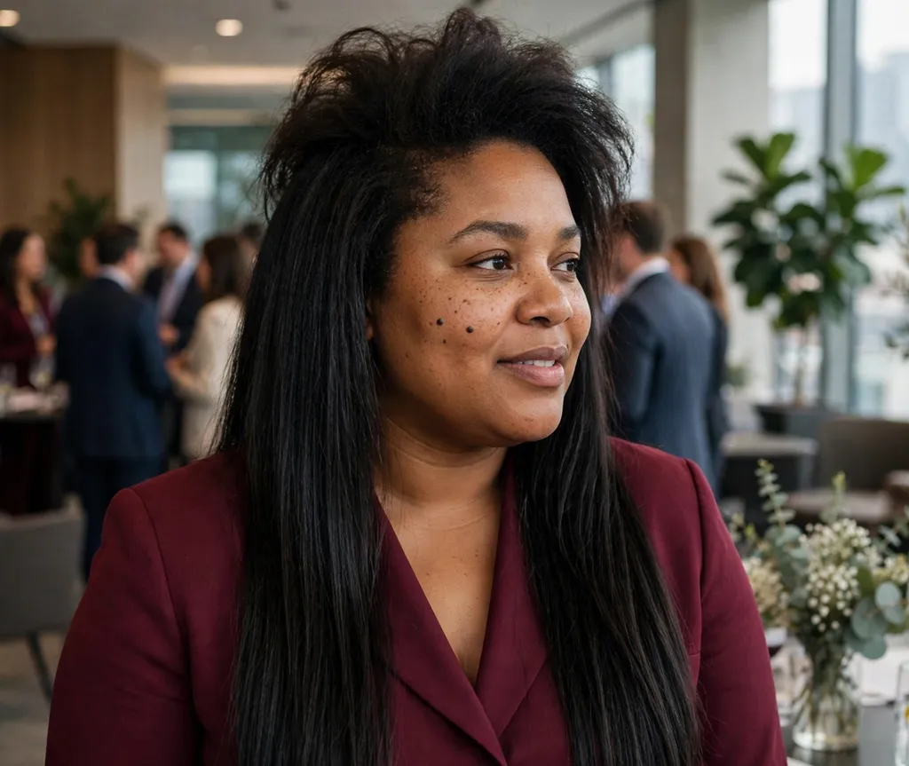 Woman with a round face and long hair with voluminous roots and sleek straight ends in a burgundy pantsuit at a corporate event