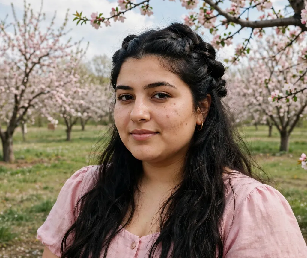 Woman with a round face and long dark hair in a half-up twisted hairstyle in a pastel pink dress in a spring orchard