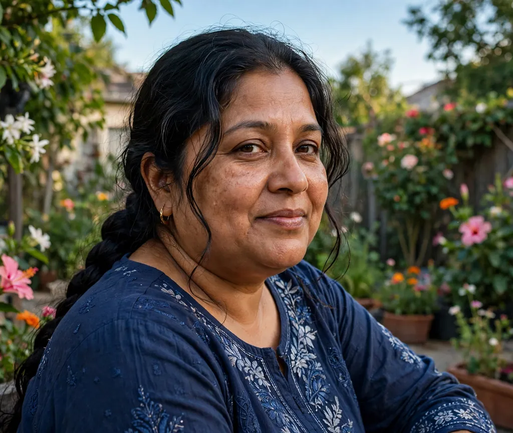 Woman with a round face and long black hair in a braided ponytail with face-framing pieces in a navy tunic in a home garden