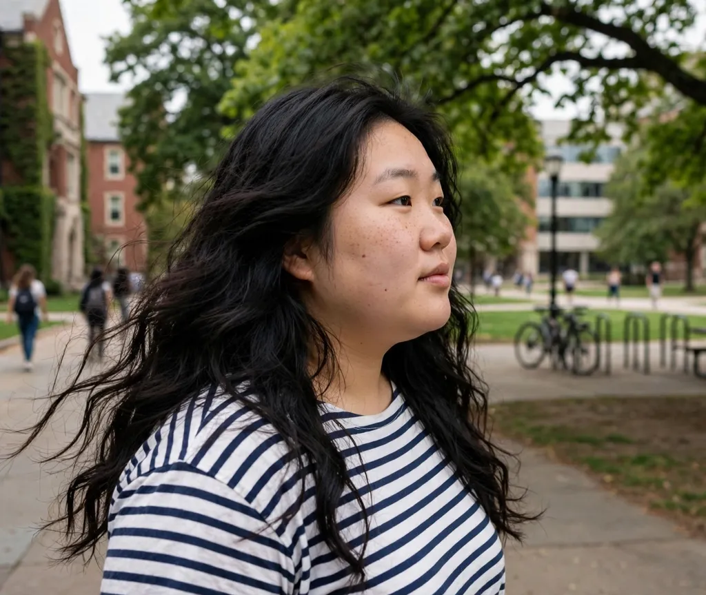 Woman with a round face and long black textured waves in a striped shirt on a college campus