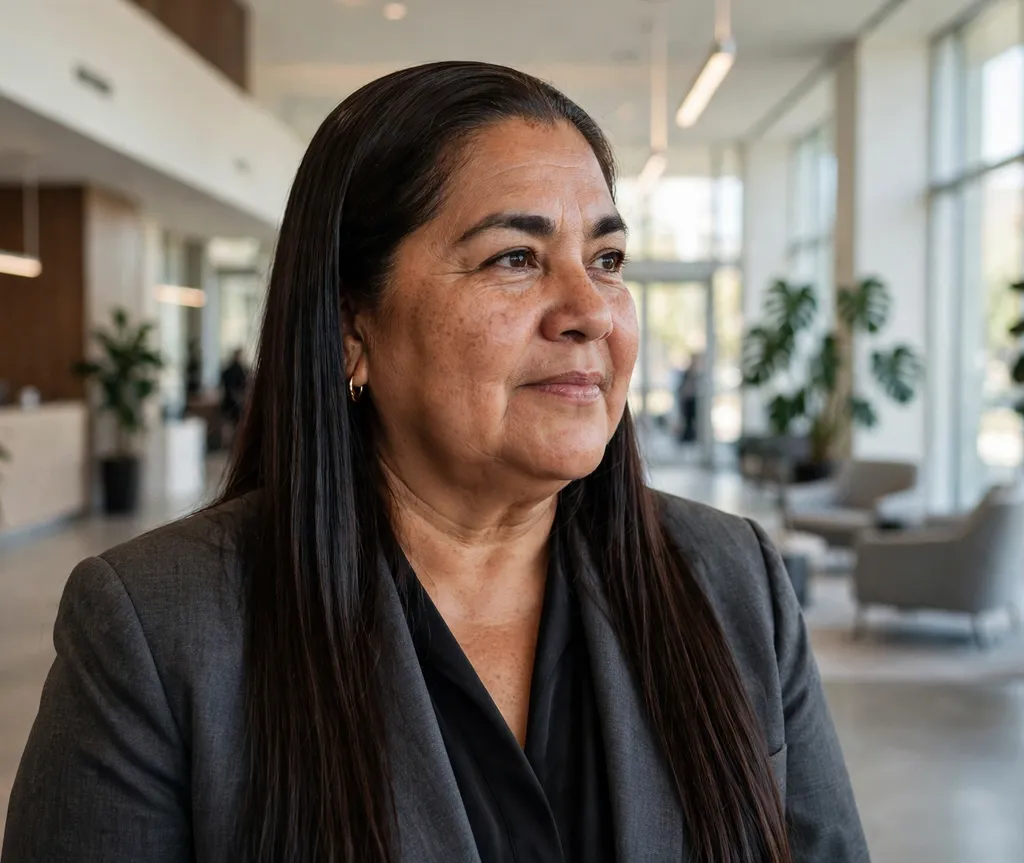 Woman with a round face and long dark brown sleek glass hair in a charcoal suit in a conference hall
