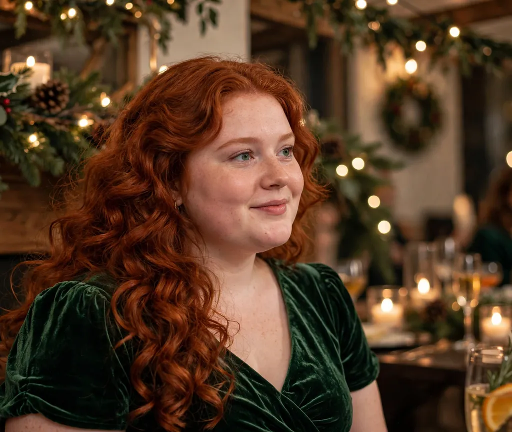 Woman with a round face and long red voluminous curls with a deep side part in a green velvet dress at a holiday party