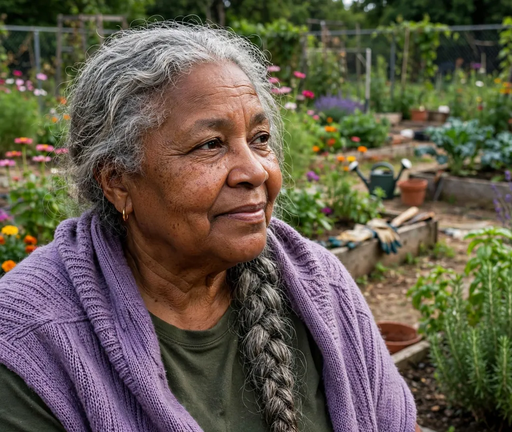 Woman with a round face and long gray loose french braid over one shoulder in a purple shawl in a community garden