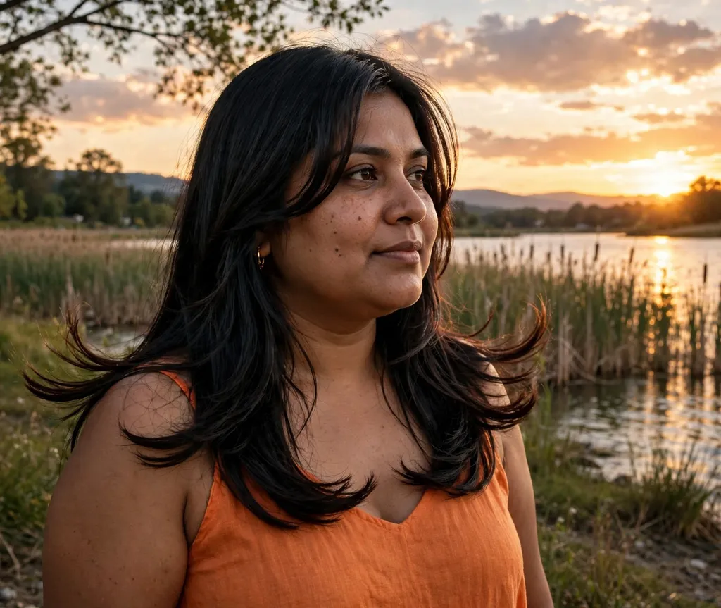 Woman with a round face and long dark hair with flipped-out ends and face-framing layers in an orange dress by a lakeside
