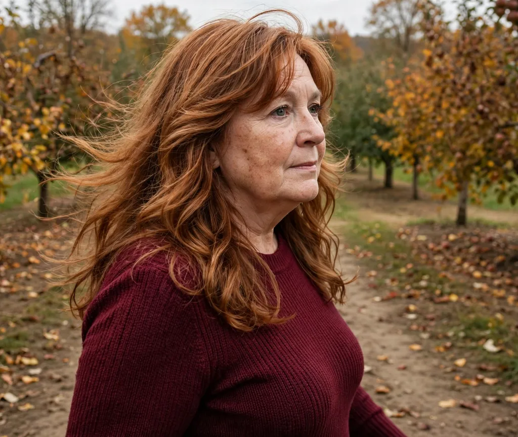 Woman with a round face and long copper layered hair with face-framing waves in a burgundy knit dress in an autumn orchard