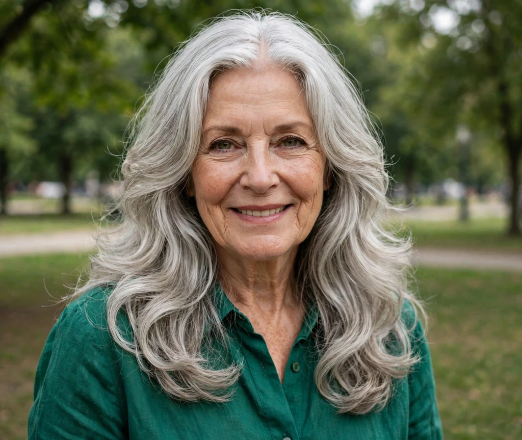White woman in her early sixties with flowing silver layered hair in a park