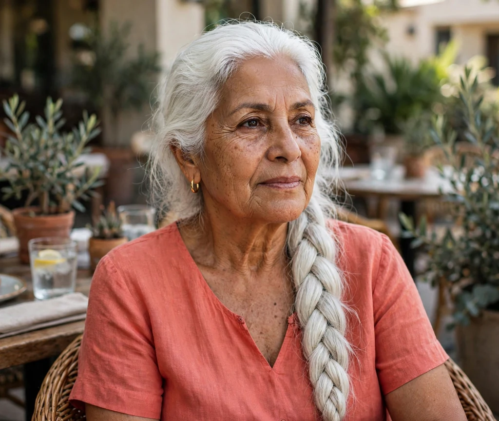 Latina woman in her late sixties with a long white side braid at a cafe patio
