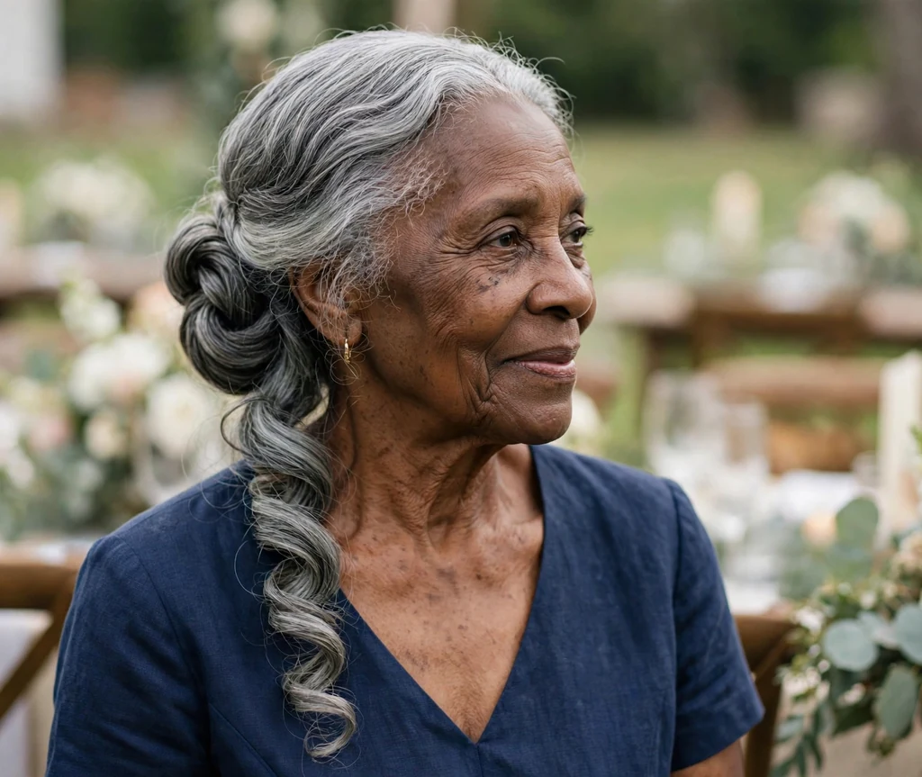 Black woman in her early seventies with a steel-grey low chignon at a wedding venue