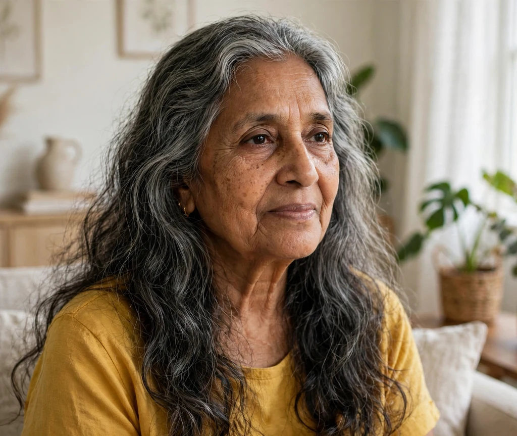 South Asian woman in her mid-sixties with long salt-and-pepper waves at home