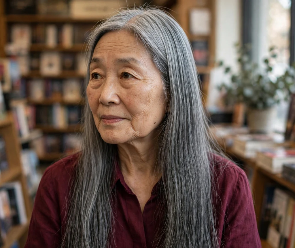 East Asian woman in her late sixties with long straight steel-grey hair in a bookstore