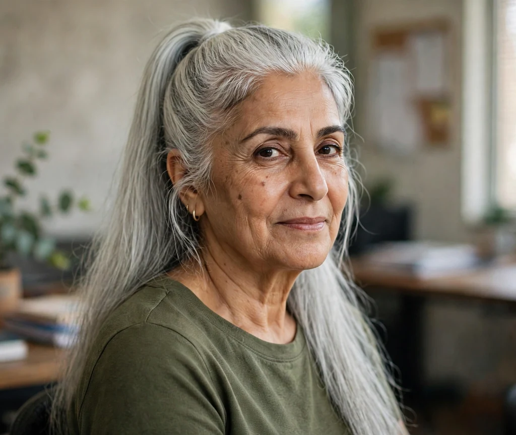 Middle Eastern woman in her early sixties with a long silver high ponytail in an office