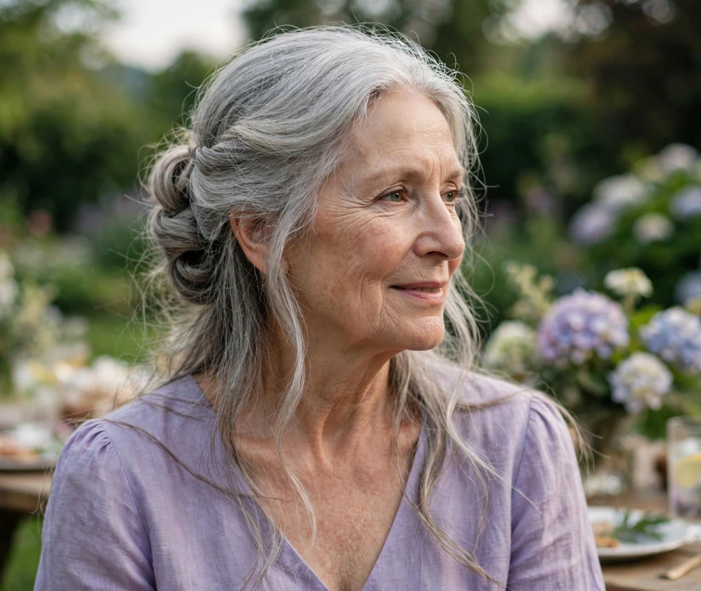 White woman in her late sixties with a romantic gray French twist at a garden party