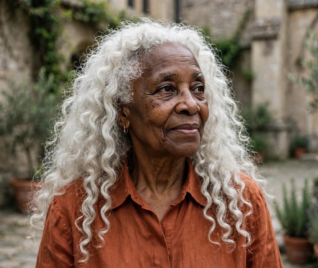 Black woman in her mid-sixties with long white curls in a church courtyard