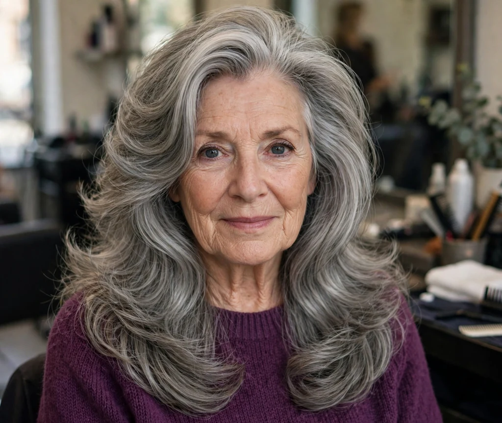 White woman in her mid-sixties with a long gray blowout with layers in a salon