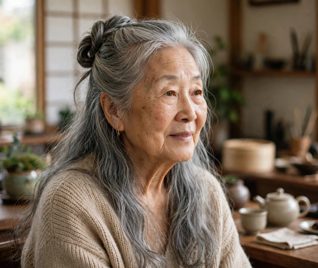 East Asian woman in her early seventies with a classic gray half-up twist in a tea room