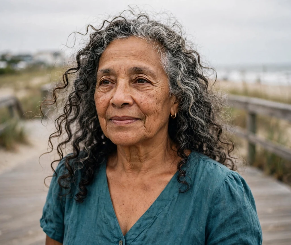 Mixed-race woman in her late sixties with long salt-and-pepper spiral curls on a boardwalk