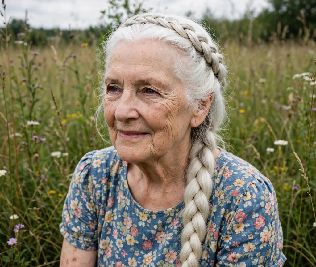 White woman in her early seventies with a long white milkmaid braid in a meadow