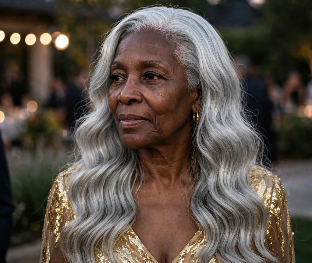 Black woman in her early sixties with long silver mermaid waves at an evening event