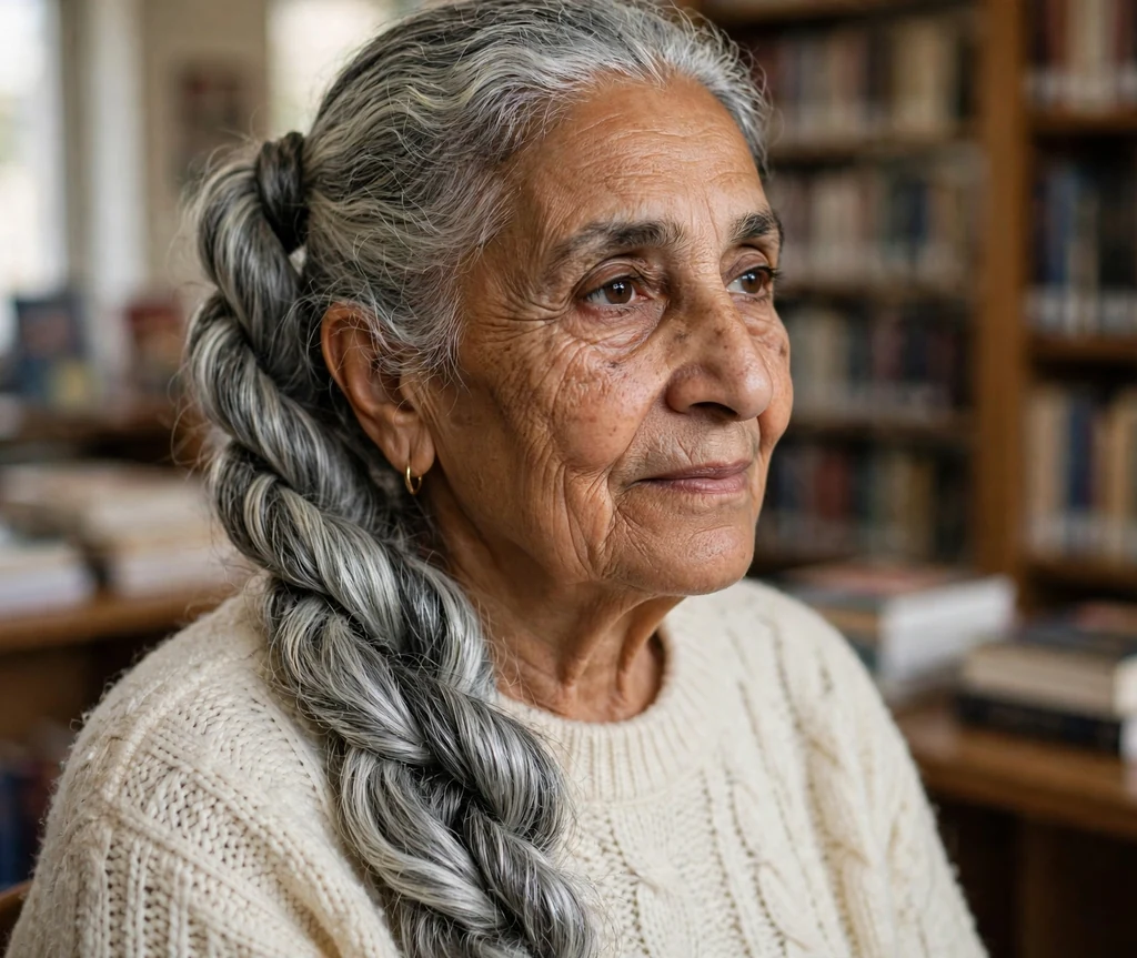 Middle Eastern woman in her late sixties with a gray rope-twist ponytail in a library