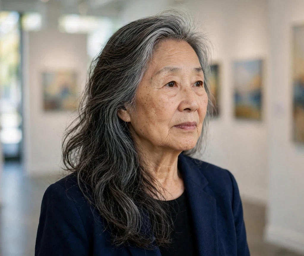 East Asian woman in her mid-sixties with a long salt-and-pepper side sweep in a gallery