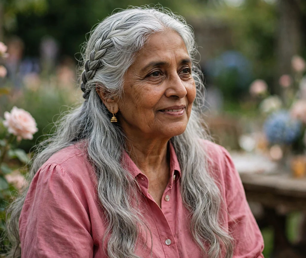 South Asian woman in her late sixties with a long silver waterfall braid at a garden party