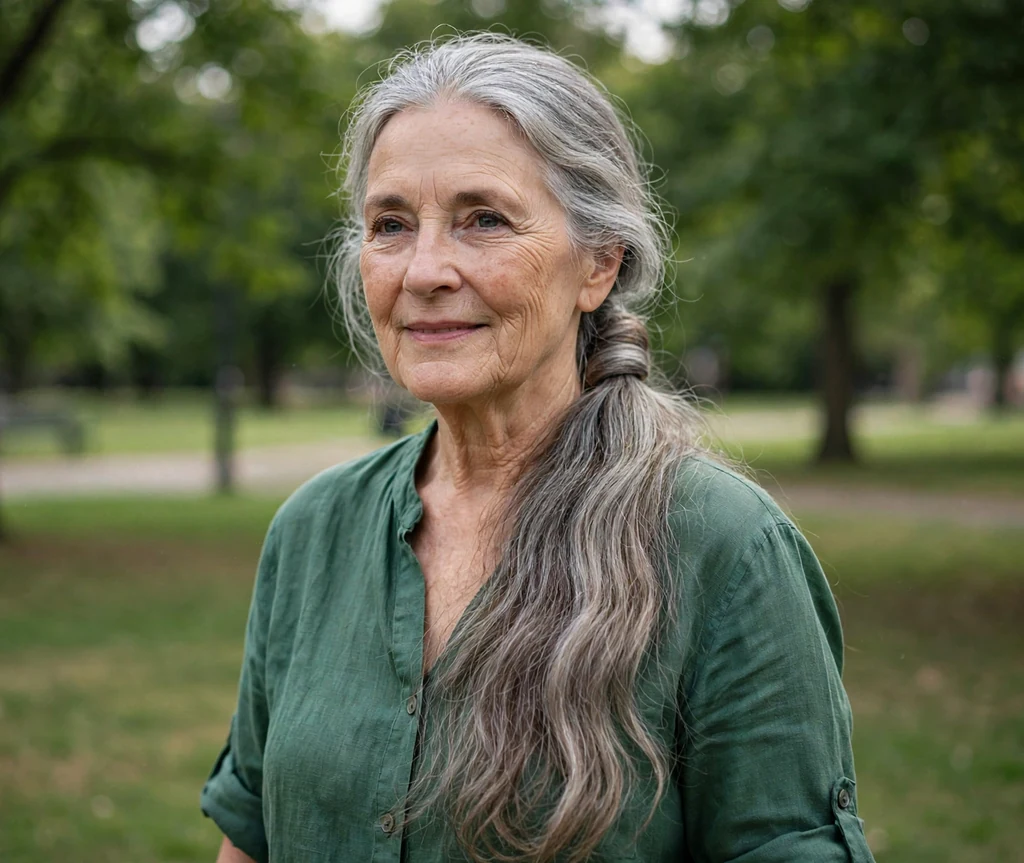 White woman in her early sixties with a graceful gray low ponytail in a park