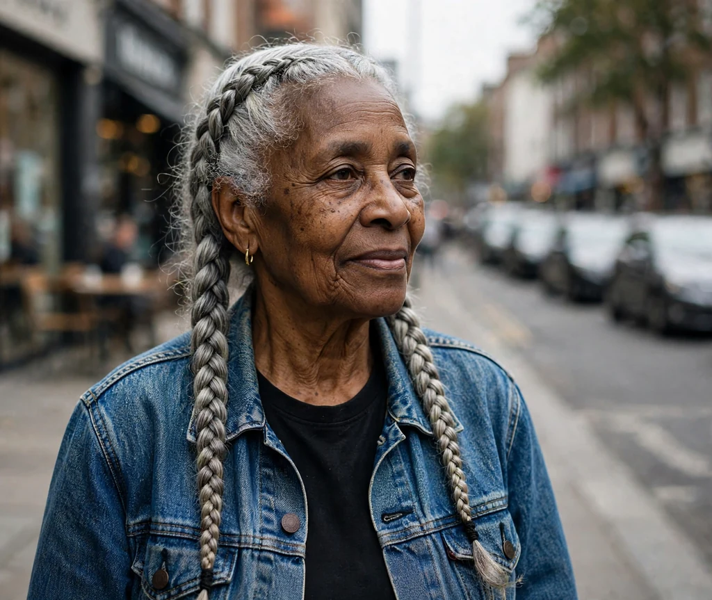 Black woman in her late sixties with silver double Dutch braids on a city street