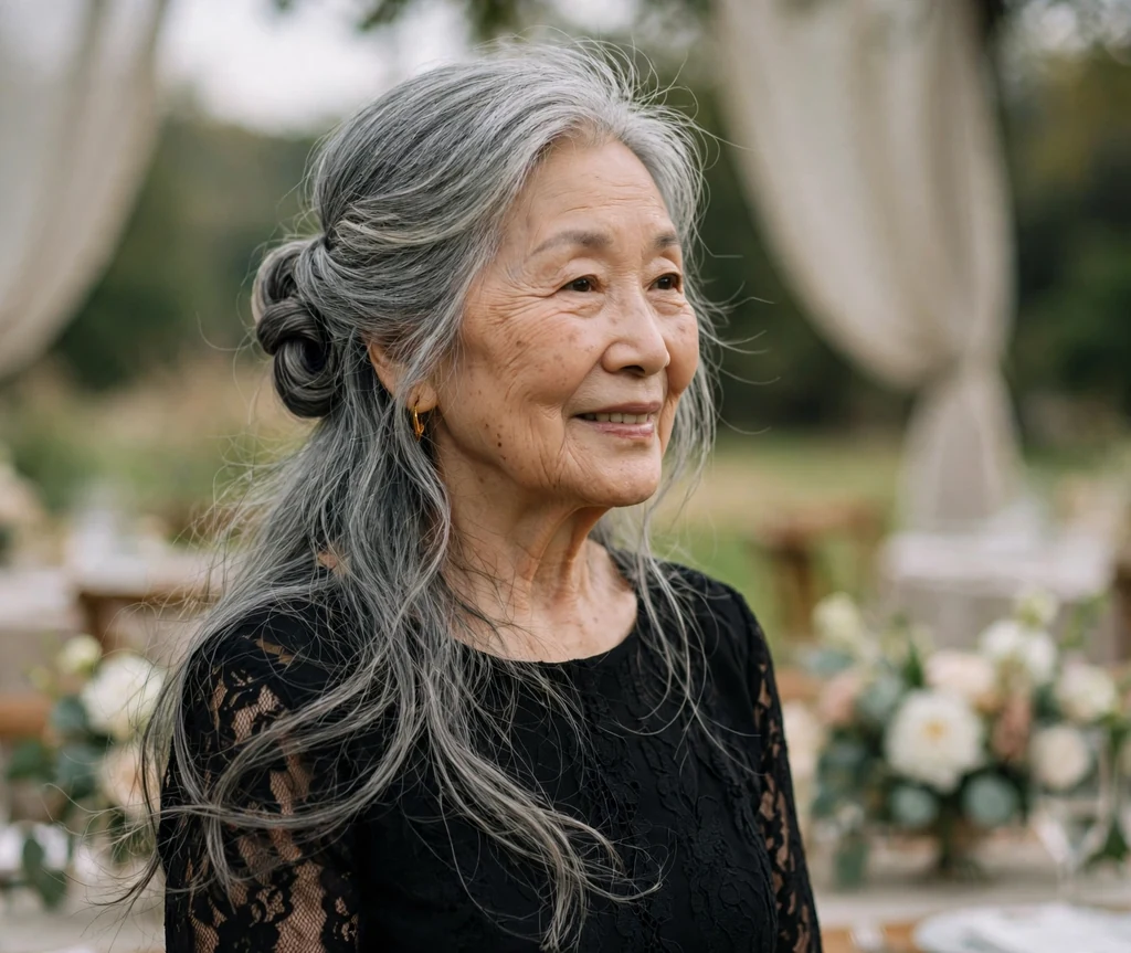East Asian woman in her late sixties with an elegant gray side chignon at a wedding