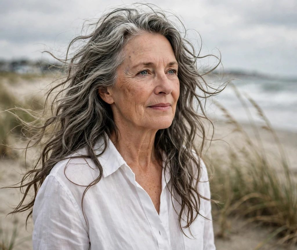 White woman in her mid-sixties with long salt-and-pepper beach waves on a beach