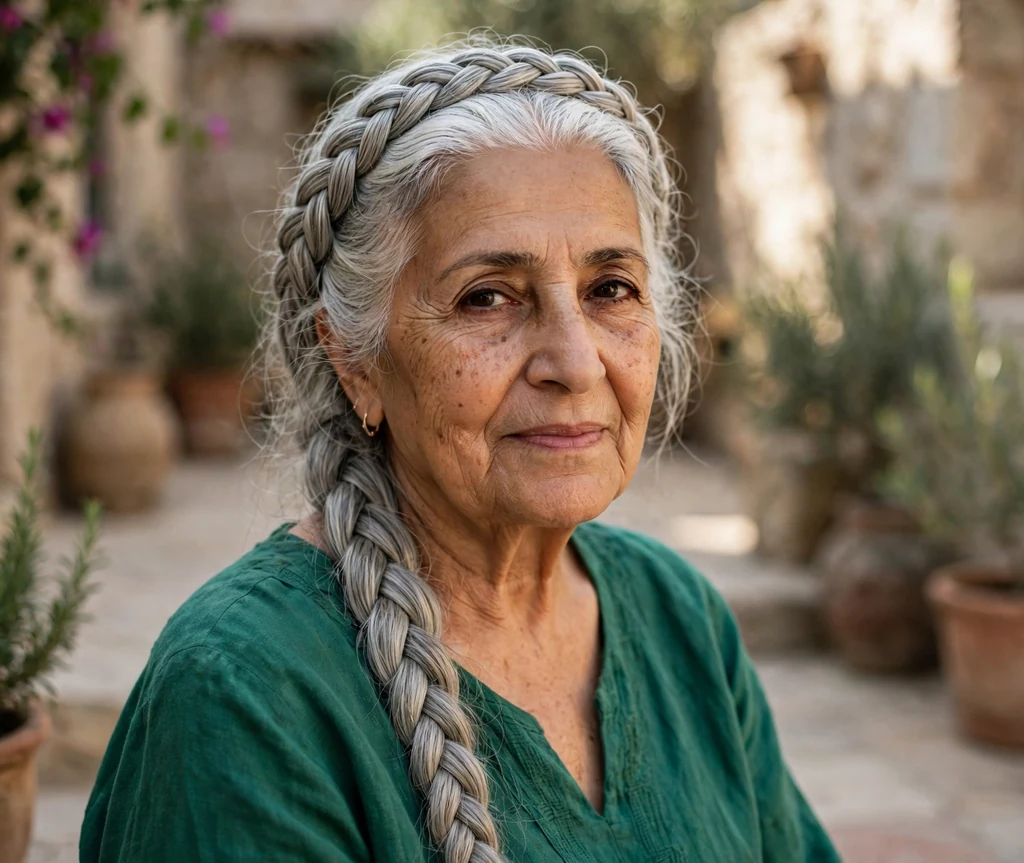 Middle Eastern woman in her early seventies with a silver halo braid crown in a courtyard