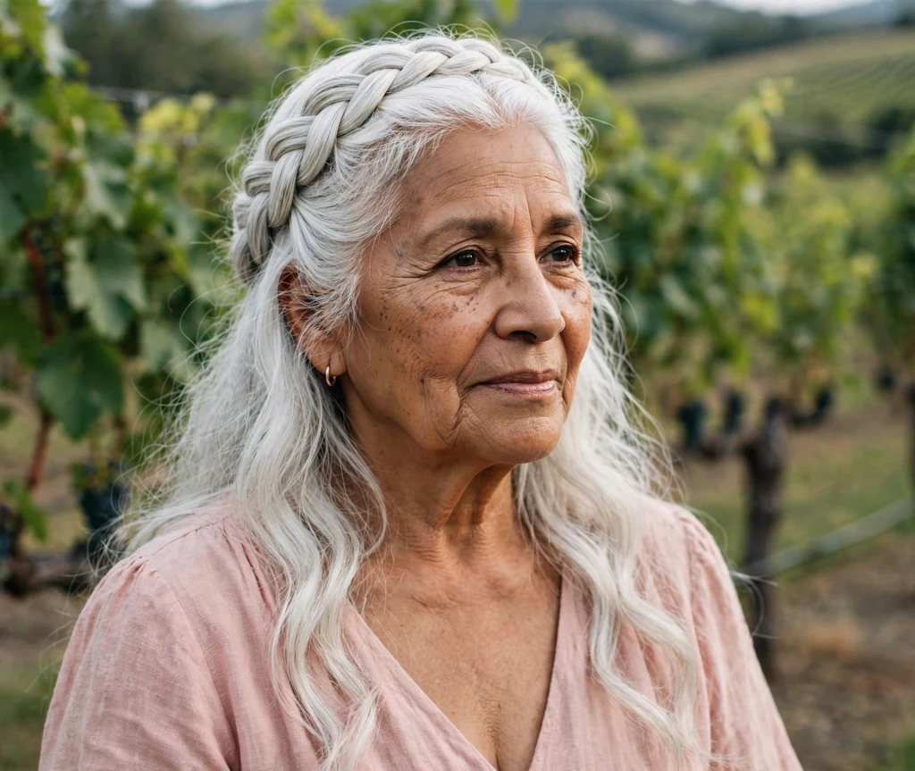 Latina woman in her late sixties with a romantic white braided crown at a vineyard