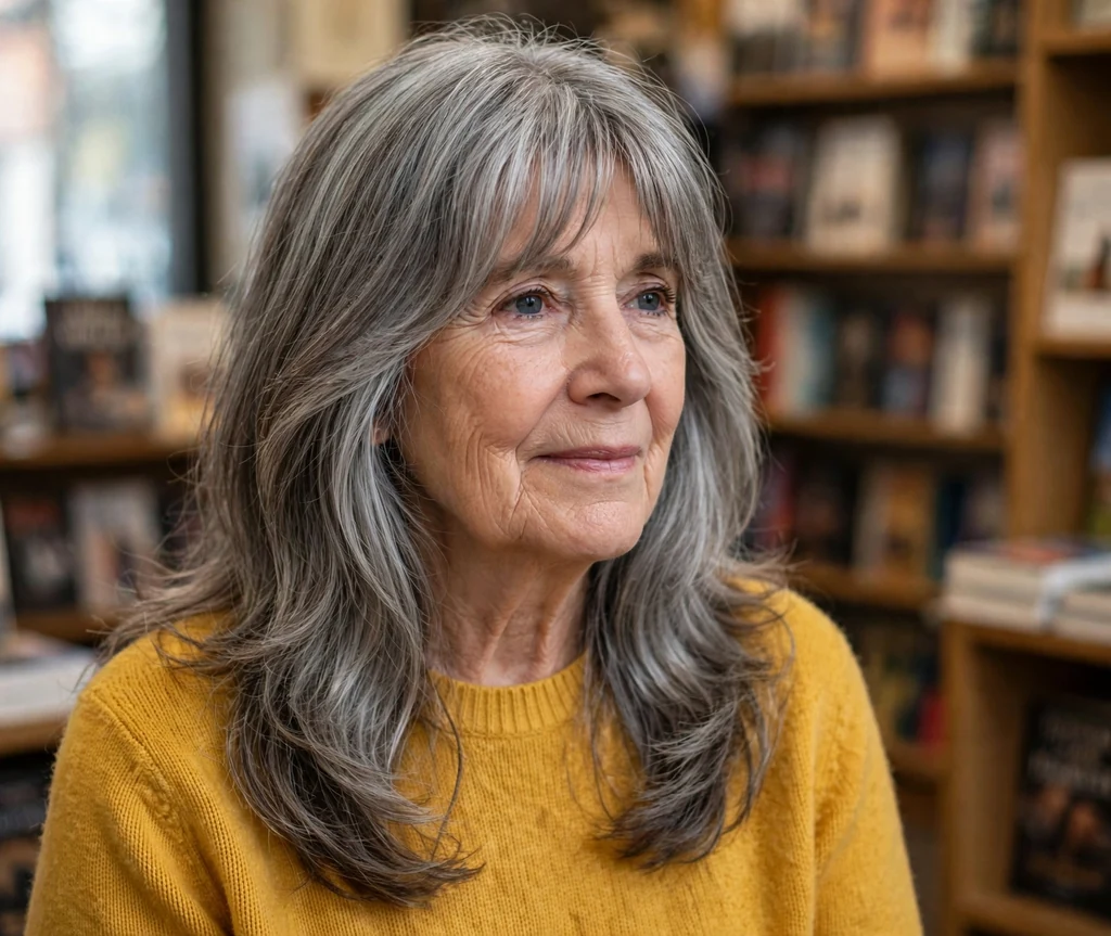 White woman in her early sixties with long steel-grey curtain-bang layers in a bookstore