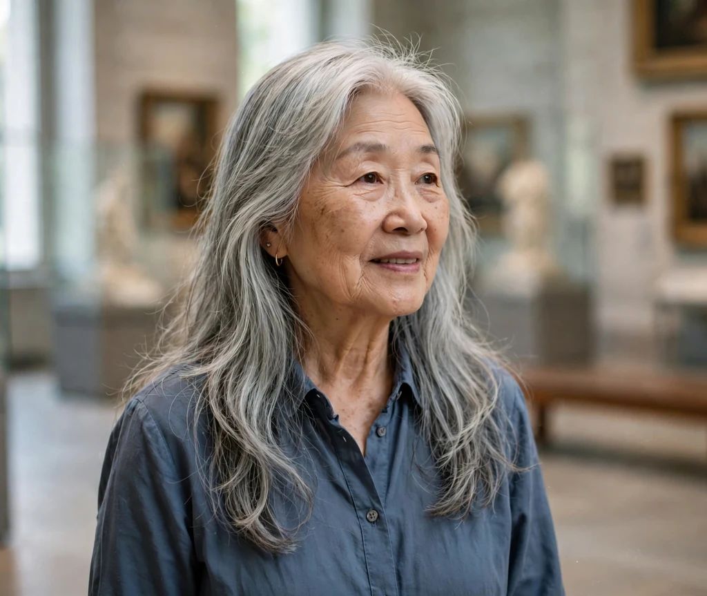 East Asian woman in her early sixties with long silver feathered layers in a museum