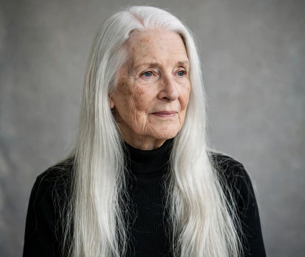 White woman in her late sixties with white long straight hair with a side part in a studio